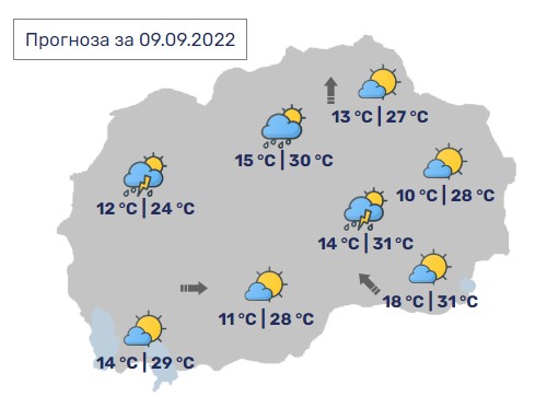 Денес во Македонија максимални 31 степен, попладне услови за локално невреме