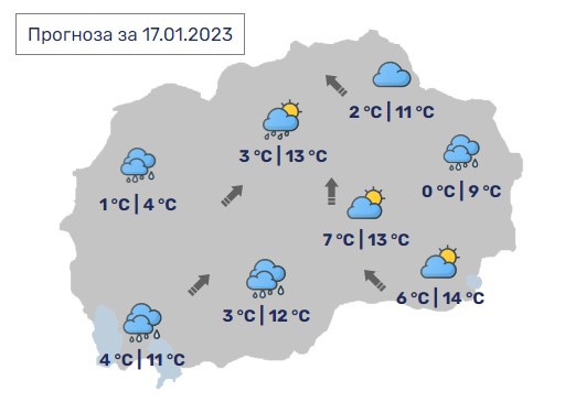 Денес во Македонија дожд, максимални 14 степени