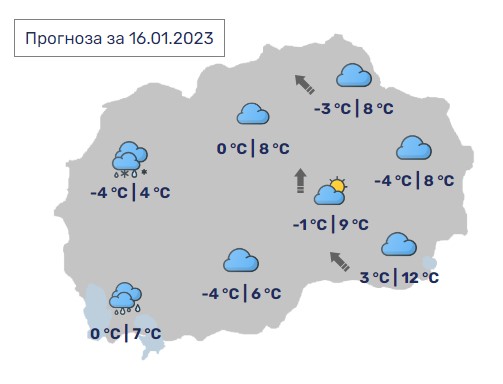 Денес во Македонија промeнливо облачно со врнежи од дожд, максимални 12 степени