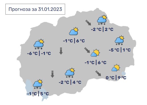 Денес во Македонија слаби врнежи од снег, максимални 9 степени