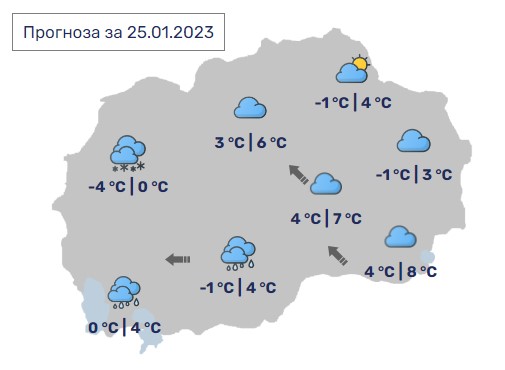 Денес во Македонија променливо облачно, максимални 8 степени