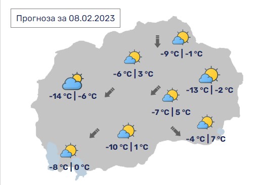 Денес во Македонија сончево и студено, максимални 7 степени