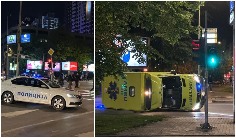 (ФОТО) Се преврте возило на итна помош, тешка сообраќајка синоќа во Скопје, повредени три лица