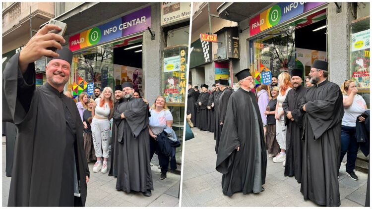 Случајна средба на попови и геј активисти во центарот на Белград и сите изгледаат среќни