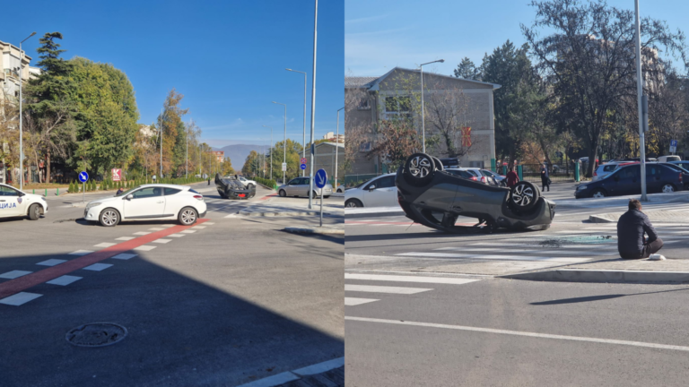 Автомобил се преврте на новата крстосница во Аеродром – Град Скопје го остави новиот булевар без семафори