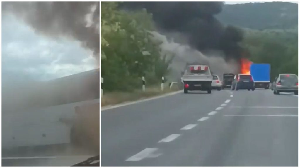 Се запали автобус на патарината крај Велес